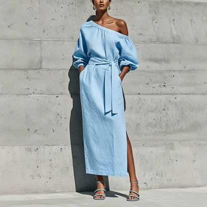 ✨👗Vestido elegante de um ombro só com cinto para mulher
