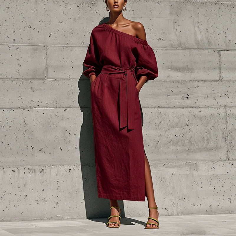 ✨👗Vestido elegante de um ombro só com cinto para mulher