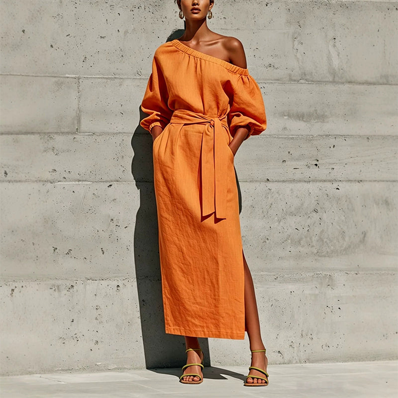 ✨👗Vestido elegante de um ombro só com cinto para mulher