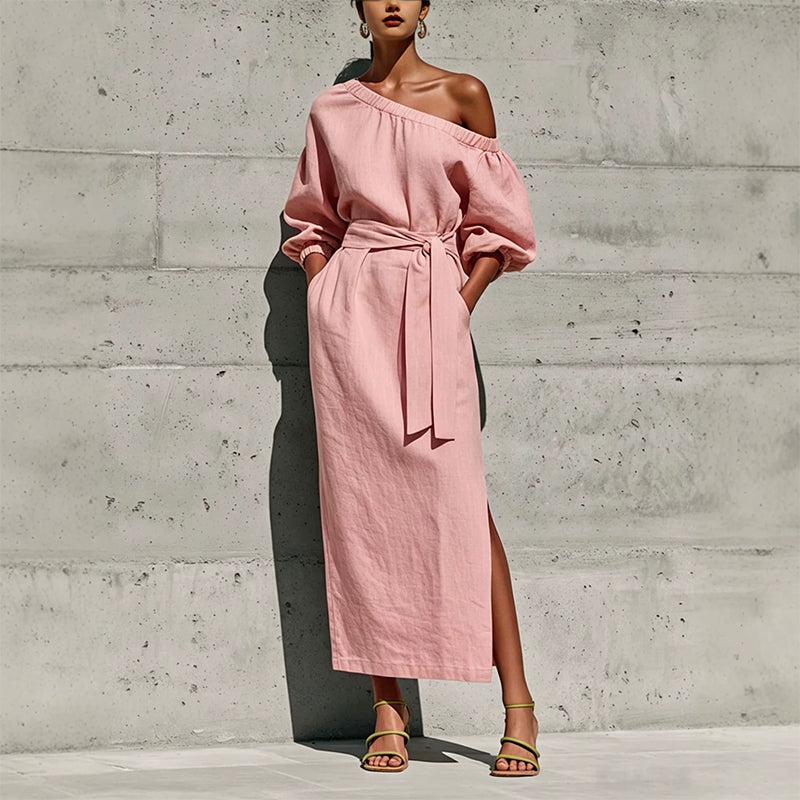 ✨👗Vestido elegante de um ombro só com cinto para mulher