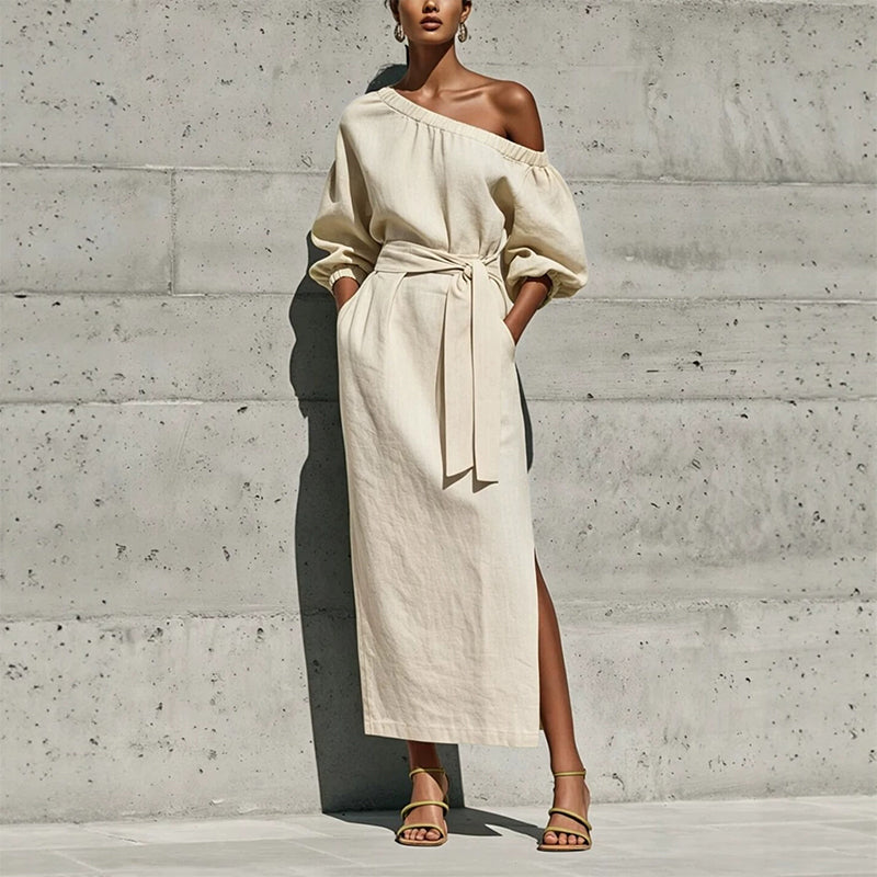 ✨👗Vestido elegante de um ombro só com cinto para mulher