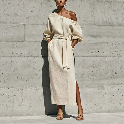 ✨👗Vestido elegante de um ombro só com cinto para mulher