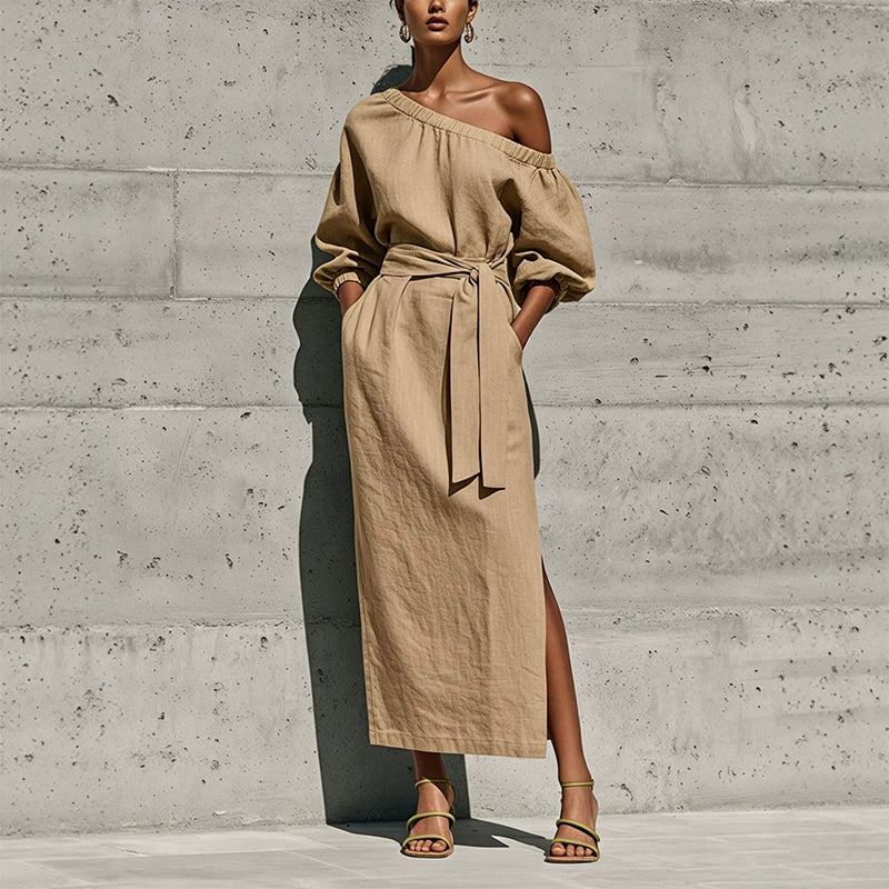 ✨👗Vestido elegante de um ombro só com cinto para mulher