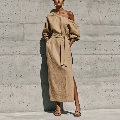 ✨👗Vestido elegante de um ombro só com cinto para mulher