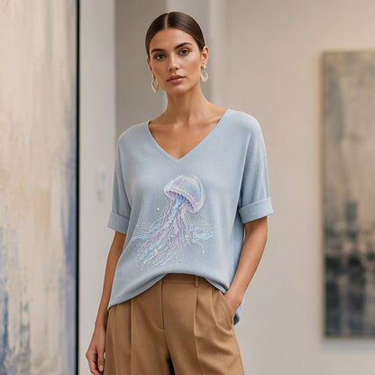 ✨🌸Camisola com decote em V e estampado para mulher