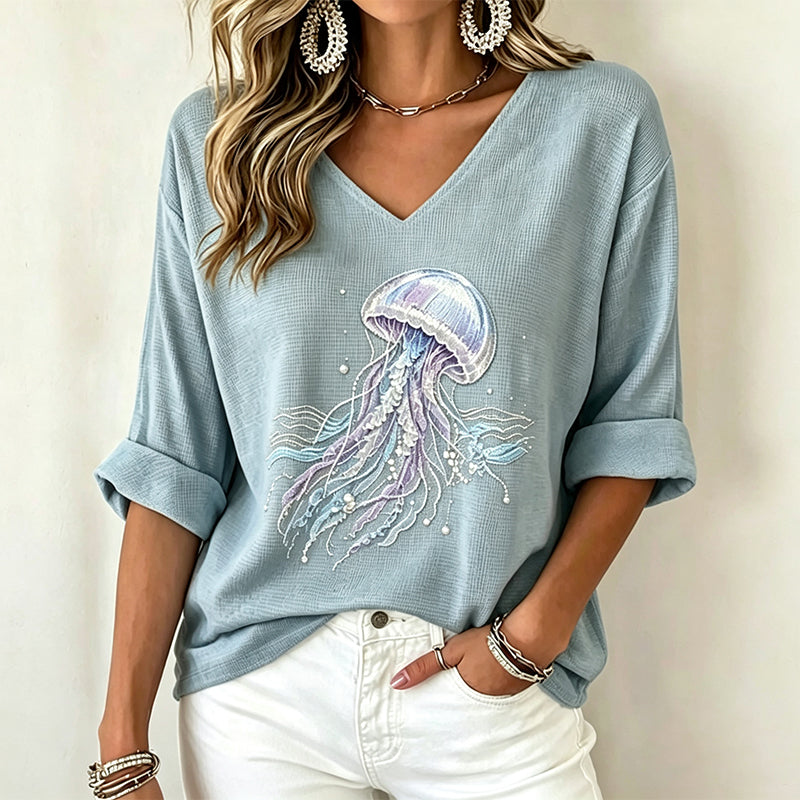 ✨🌸Camisola com decote em V e estampado para mulher