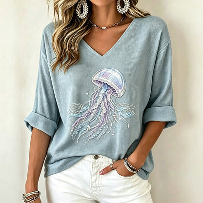 ✨🌸Camisola com decote em V e estampado para mulher