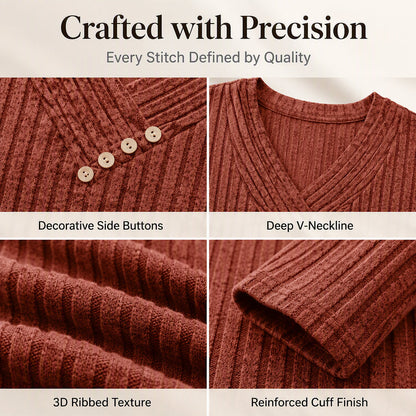 ⏰Last Day Sale 50% Off💃Women's Ribbed Knit V-Neck Top with Decorative Buttons
