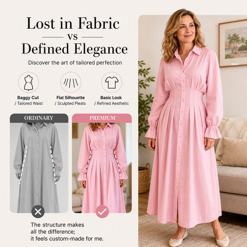 ✨👗Vestido-camisa de manga comprida com cintura plissada para mulher