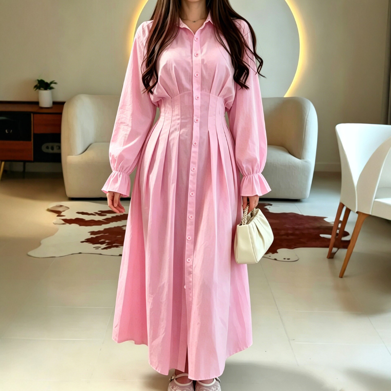 ✨👗Vestido-camisa de manga comprida com cintura plissada para mulher