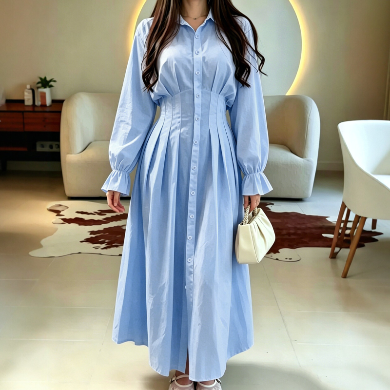 ✨👗Vestido-camisa de manga comprida com cintura plissada para mulher