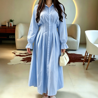 ✨👗Vestido-camisa de manga comprida com cintura plissada para mulher