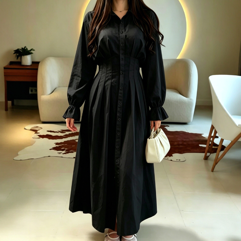 ✨👗Vestido-camisa de manga comprida com cintura plissada para mulher