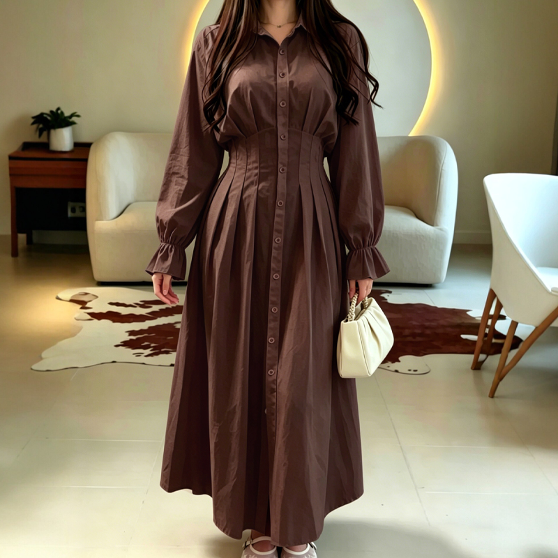 ✨👗Vestido-camisa de manga comprida com cintura plissada para mulher