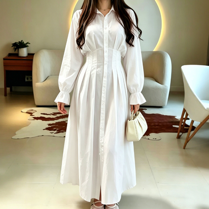 ✨👗Vestido-camisa de manga comprida com cintura plissada para mulher