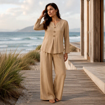 ✨👗Conjunto de camisola de manga comprida com decote em V e calças largas para mulher