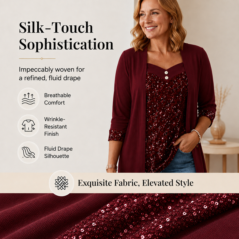 ✨Top feminino de duas peças com efeito patchwork e lantejoulas