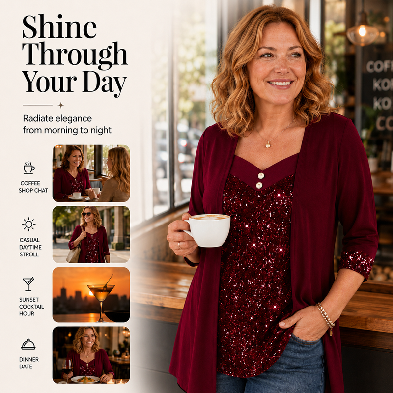✨Top feminino de duas peças com efeito patchwork e lantejoulas