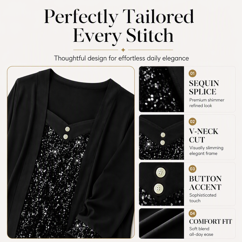 ✨Top feminino de duas peças com efeito patchwork e lantejoulas