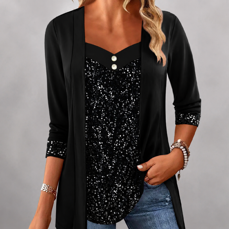 ✨Top feminino de duas peças com efeito patchwork e lantejoulas