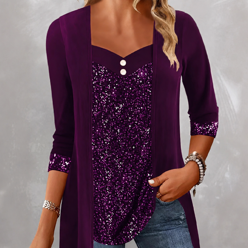 ✨Top feminino de duas peças com efeito patchwork e lantejoulas