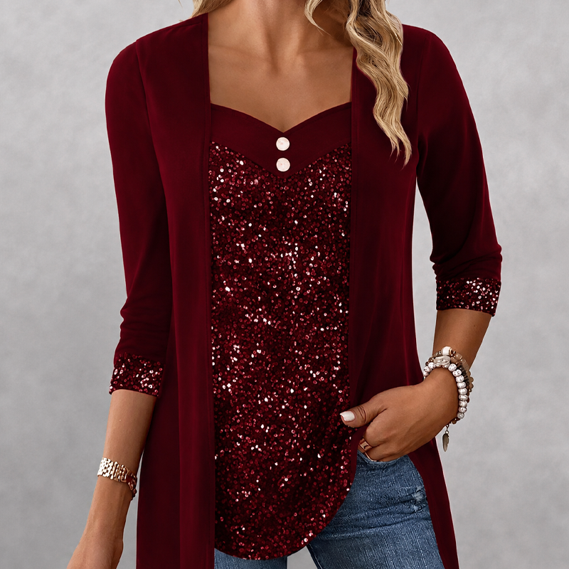 ✨Top feminino de duas peças com efeito patchwork e lantejoulas