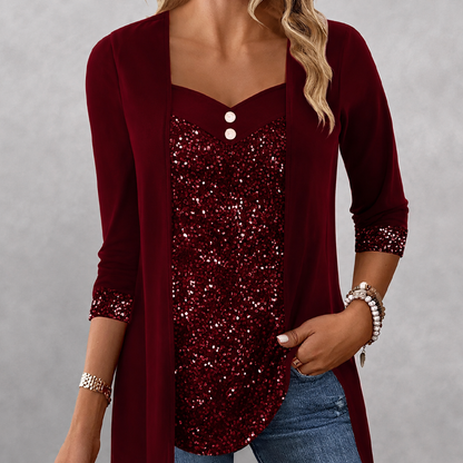 ✨Top feminino de duas peças com efeito patchwork e lantejoulas