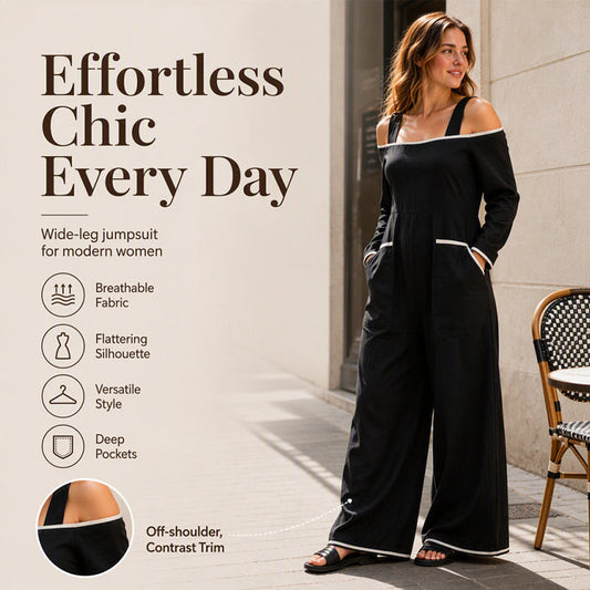 ✨👗Macacão feminino com ombros à mostra e acabamentos contrastantes