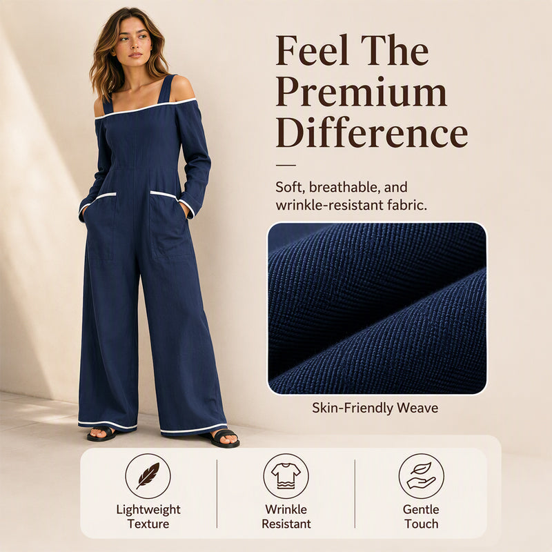 ✨👗Macacão feminino com ombros à mostra e acabamentos contrastantes