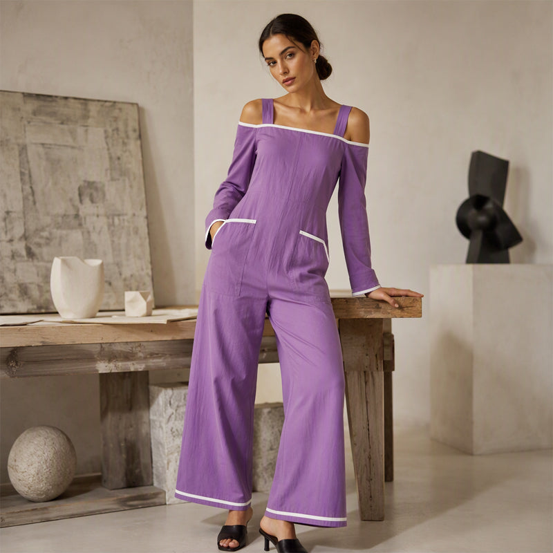 ✨👗Macacão feminino com ombros à mostra e acabamentos contrastantes