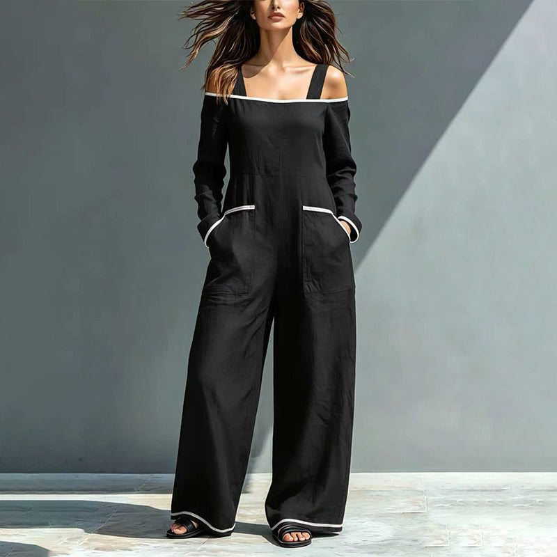 ✨👗Macacão feminino com ombros à mostra e acabamentos contrastantes
