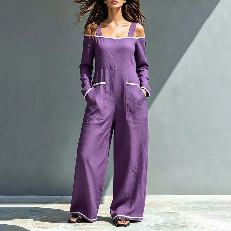 ✨👗Macacão feminino com ombros à mostra e acabamentos contrastantes