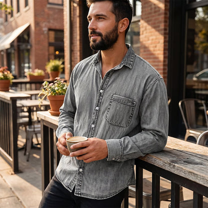 Camisa de ganga lavada estilo retro para homem