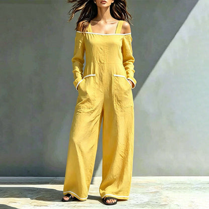 ✨👗Macacão feminino com ombros à mostra e acabamentos contrastantes