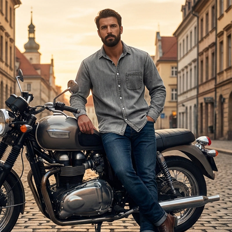 Camisa de ganga lavada estilo retro para homem