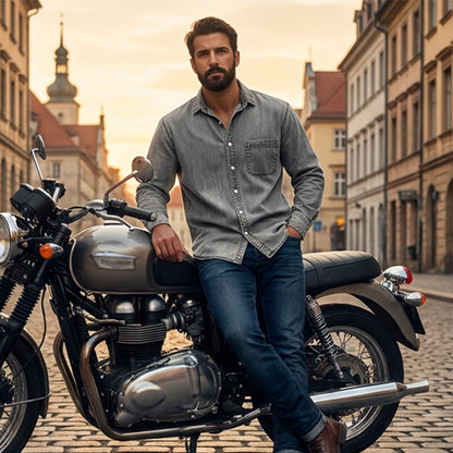 Camisa de ganga lavada estilo retro para homem