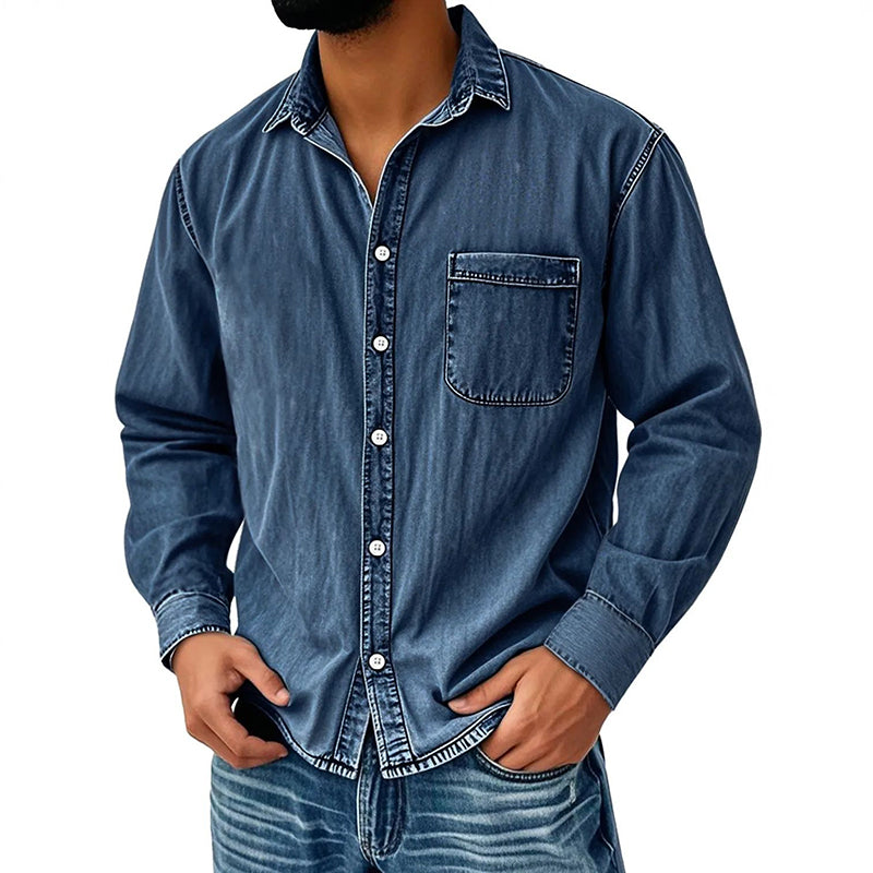 Camisa de ganga lavada estilo retro para homem