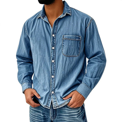 Camisa de ganga lavada estilo retro para homem