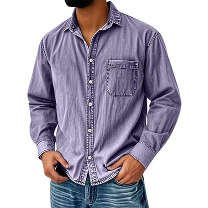 Camisa de ganga lavada estilo retro para homem