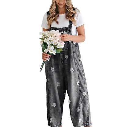 ✨👗Macacão de ganga de corte largo com estampado floral para mulher