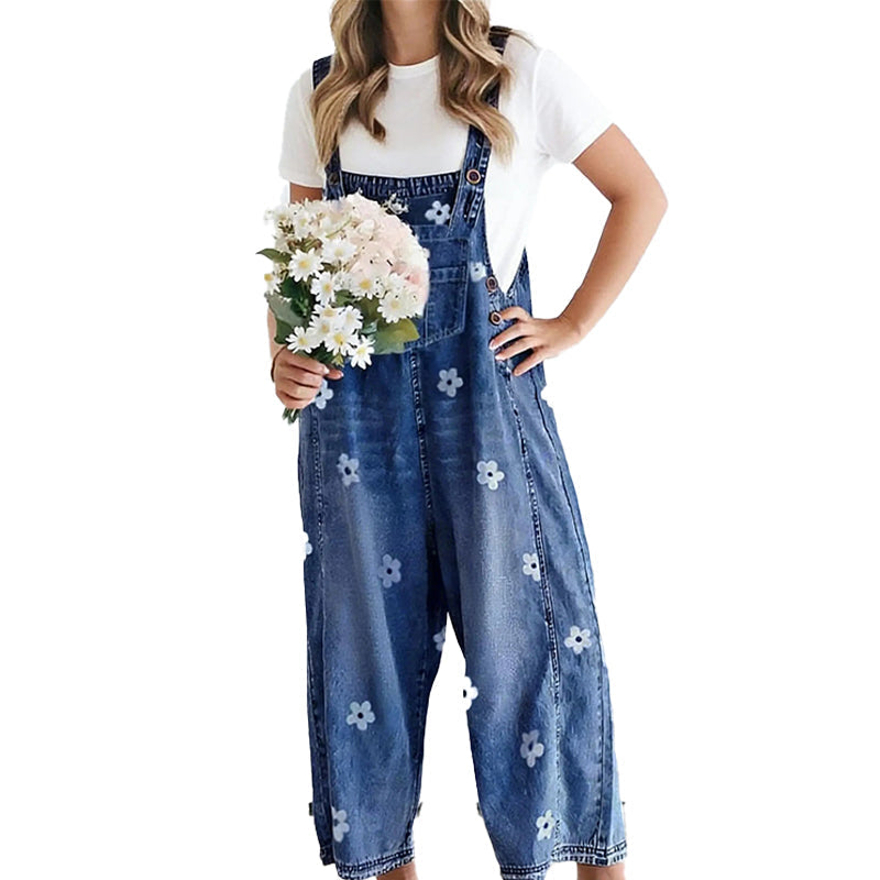 ✨👗Macacão de ganga de corte largo com estampado floral para mulher
