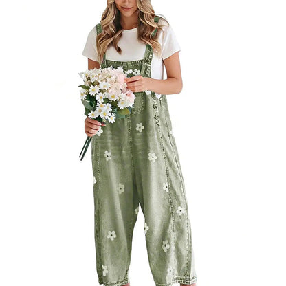 ✨👗Macacão de ganga de corte largo com estampado floral para mulher