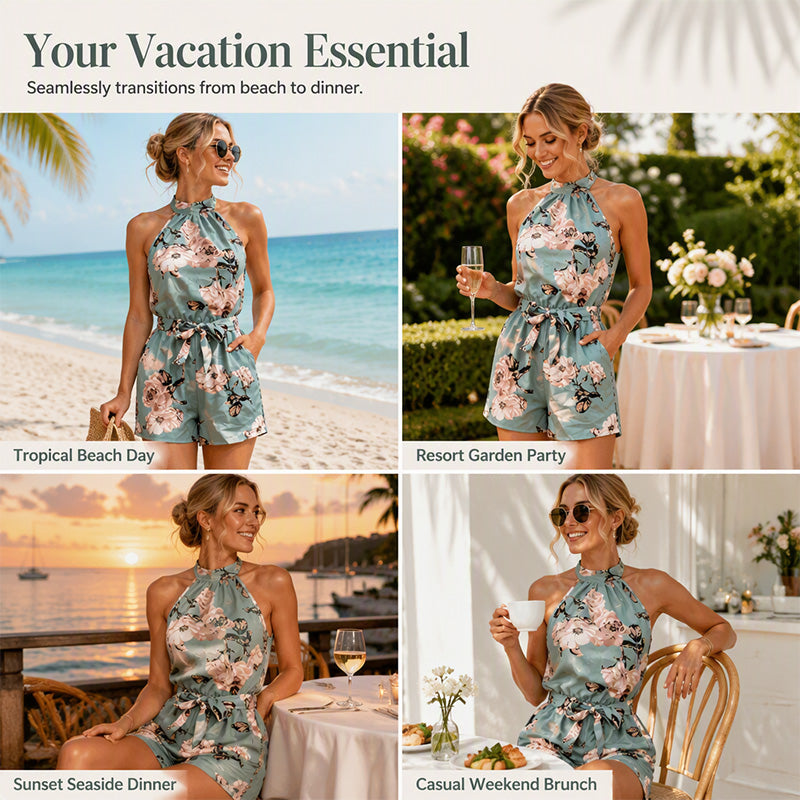 ✨👗Macacão feminino com decote halter e padrão floral