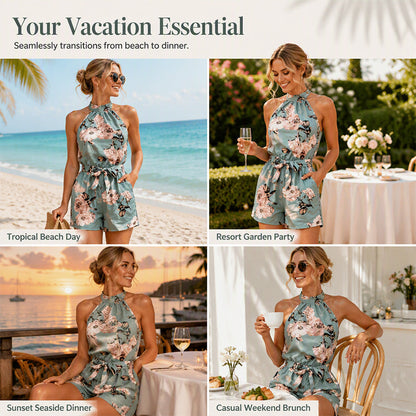 ✨👗Macacão feminino com decote halter e padrão floral
