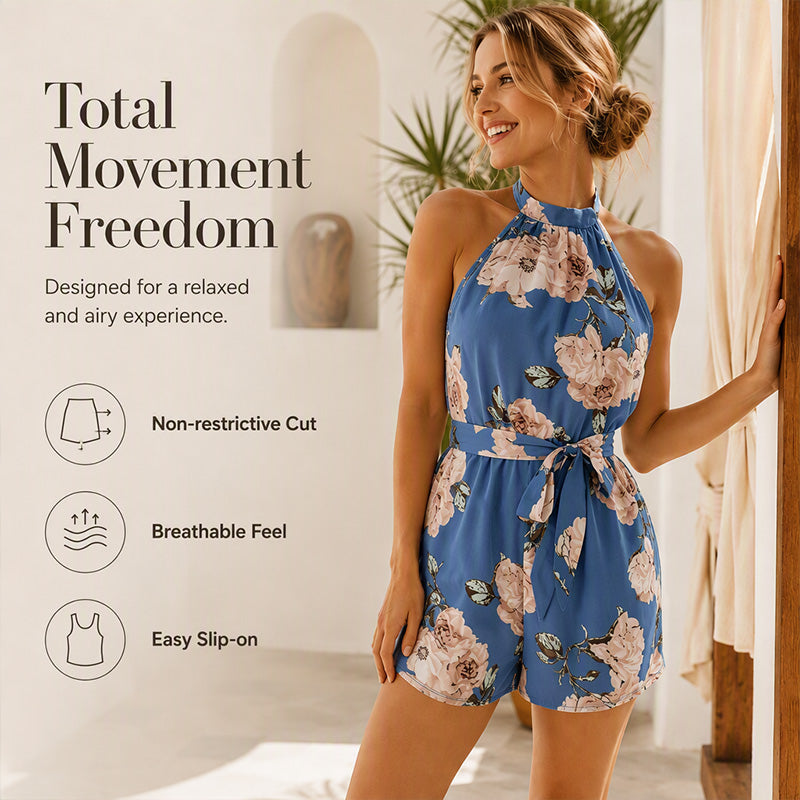 ✨👗Macacão feminino com decote halter e padrão floral