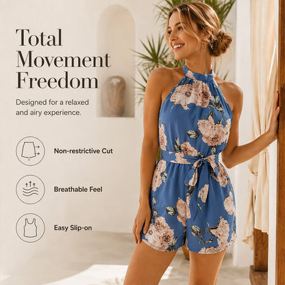 ✨👗Macacão feminino com decote halter e padrão floral