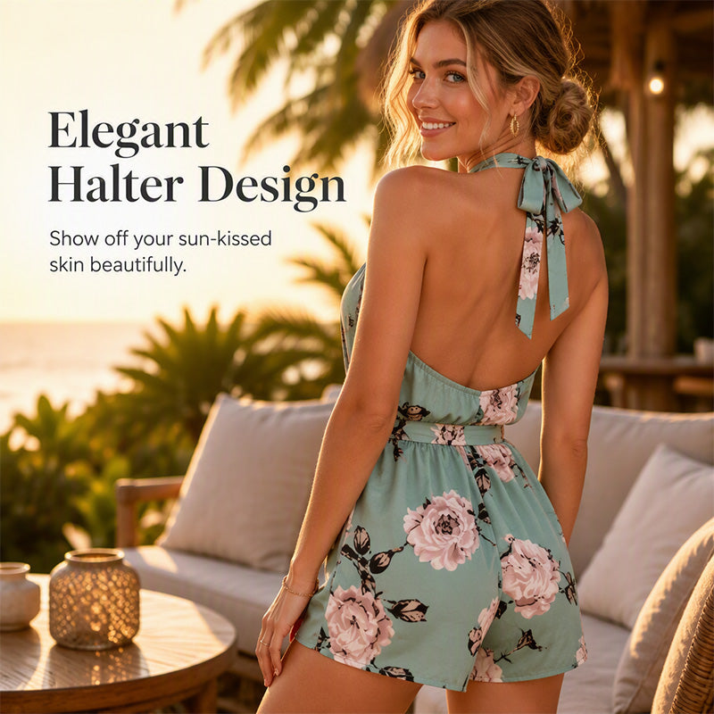 ✨👗Macacão feminino com decote halter e padrão floral