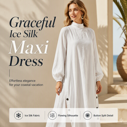 ✨👗Vestido maxi feminino de manga comprida e corte largo