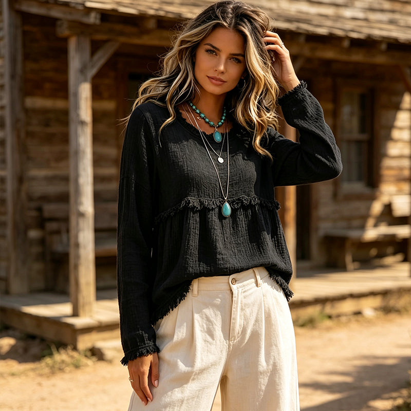✨👚Top casual feminino com franjas e borlas, estilo vintage