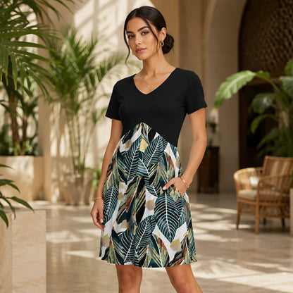✨👗Vestido midi de manga curta com decote em V para mulher